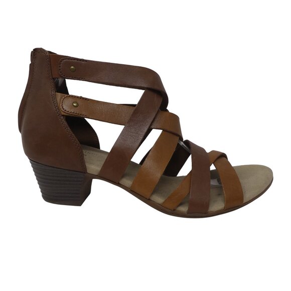 Clarks Valarie Dream Brown Leather Criss Cross Open Toe Heeled Sandals Womens 10 - Picture 2 of 13